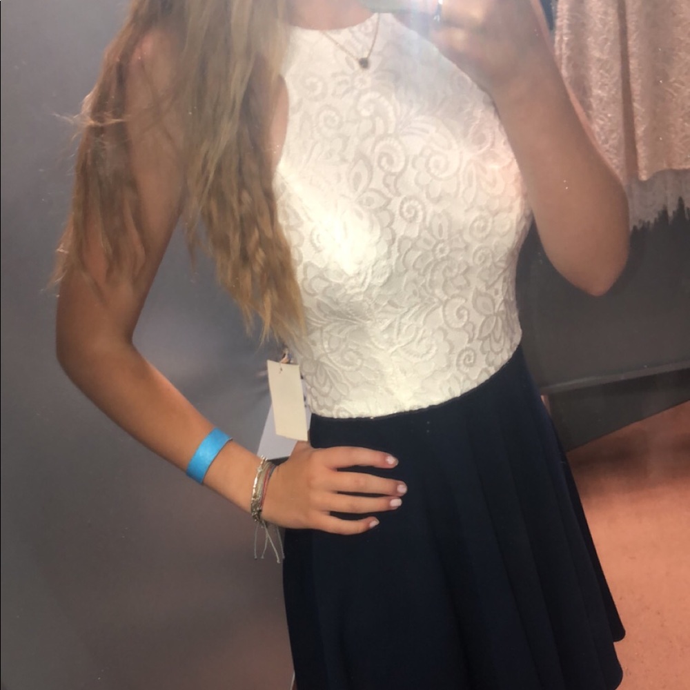 comfortable silky navy blue and white lace dress